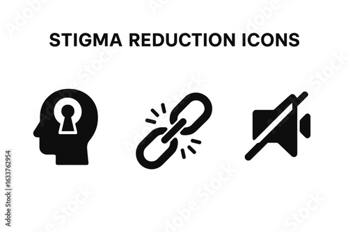 Stigma Reduction Icons Set. Mental Health Awareness, Open Mind Keyhole, Breaking Chains of Stigma, Silence Removal Concept, Overcoming Mental Barriers, Solid Vector Illustration Isolated