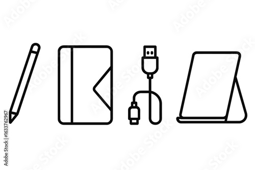 Set of tablet accessories outline icons including stylus pen, protective case, charging cable, tablet stand, digital device peripherals, electronic gadget essentials, vector illustration