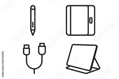 Outline Icons Set of Tablet Accessories. Stylus Pen, Tablet Protective Case, Charging Cable, Tablet Stand. Modern Minimalist Vector Illustration. Tech Device Essentials, Accessories Collection.
