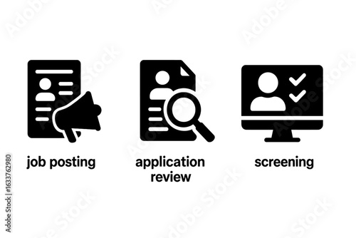 Talent Acquisition Icons Set, Solid Filled Vector Illustrations of Recruitment Process Stages Including Job Posting, Application Review, Candidate Screening on Transparent Background