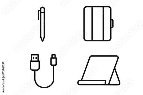 Outline icon set of tablet accessories including stylus pen, protective case, charging cable, and tablet stand, digital device essentials, modern technology tools, vector illustration