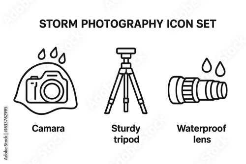 Storm photography outline icon set. Camera with rain cover, sturdy tripod, waterproof lens, raindrops. Weatherproof photo equipment. Outdoor storm shooting. Vector isolated black line illustration.