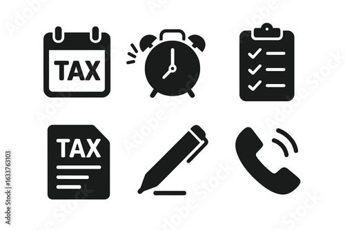 Tax deadline icons vector set. Solid black symbols for tax reminder, calendar, alarm clock, checklist, document, pen, phone. Financial planning and payment deadline. Tax time management icon pack.