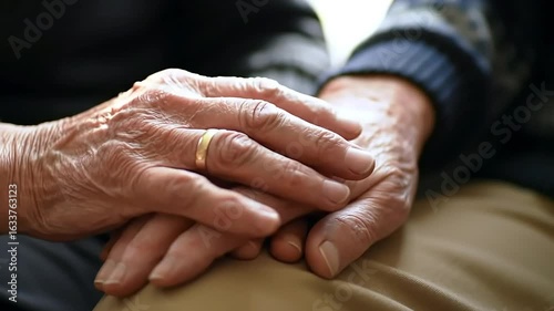 A Gentle Embrace: A touching moment of connection as aged hands intertwine, with a golden ring symbolizing enduring love and commitment.