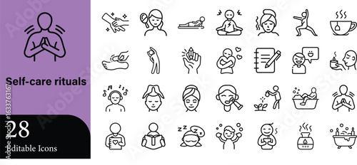 Collection of 28 clean outline style self care rituals and wellness icon set representing various relaxation and mindful activities and lifestyle.
