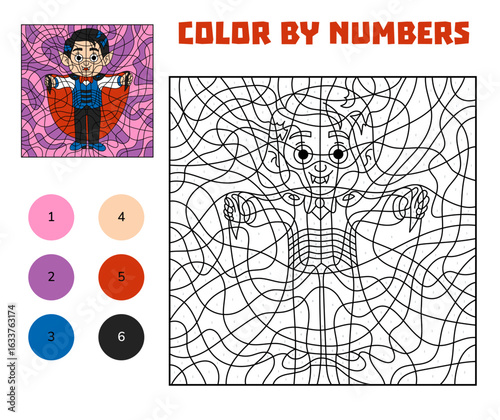 Color by number page for kids with cute vampire character. Vector Halloween illustration for children coloring book. Magical and funny activity for preschool and school kids.