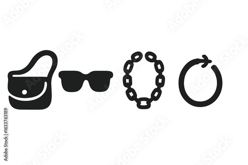 Street fashion accessory icons set. Solid filled vector symbols of crossbody bag, sunglasses, chain necklace, hoop earring. Urban fashion essentials. Modern monochrome style. Isolated illustration.