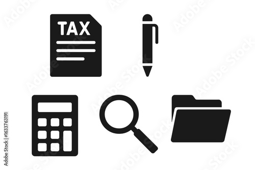 Tax filing icons set with solid filled design, including tax form, pen, calculator, magnifying glass, document folder, and filing process symbols, vector illustration on transparent background