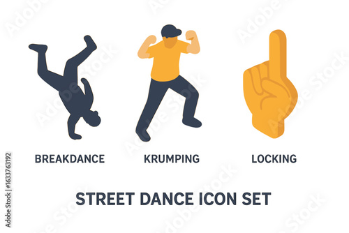 Street dance icon set. Isometric vector flat illustration of street dance styles. Breakdance silhouette pose, krumping dancer, locking hand gesture. Urban hip hop dance culture icons.