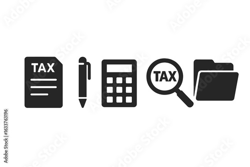 Tax Filing Process Icons Set. Solid Vector Symbols of Tax Form, Pen, Calculator, Magnifying Glass, Document Folder. Tax Preparation, Finance Accounting, Bookkeeping, Audit, IRS, Financial Paperwork
