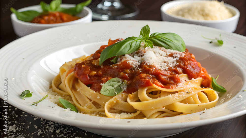 Fettuccine pasta with rich tomato sauce and fresh basil 1 Fettuccine pasta with rich tomato sauce and fresh basil 1