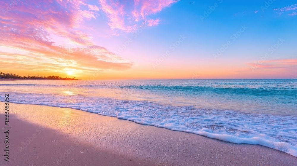Fototapeta premium Vibrant and colorful waves gently lapping at the beach, under the golden glow of early morning light.