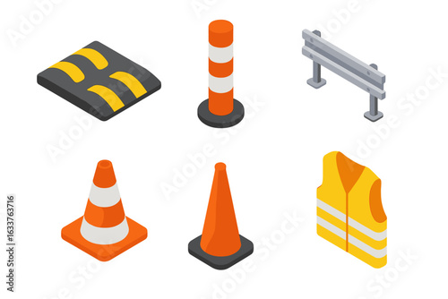Isometric Street Safety Vector Icon Set Featuring Speed Bump, Traffic Bollard, Guardrail, Traffic Cones, Reflective Safety Vest. Road Construction Barrier Objects, Urban Infrastructure Elements