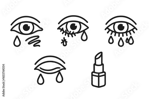 Outline vector icon set of teary-eyed makeup effects including eyeliner smudge, mascara clump, wet lashes, glossy eyelid, and shiny lipstick, beauty cosmetics illustration