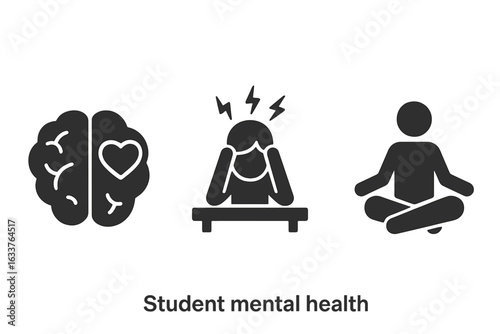Student mental health icons set. Solid vector symbols of brain with heart, stressed student, meditation pose. Emotional wellness, stress management, mindfulness, mental health awareness for students.
