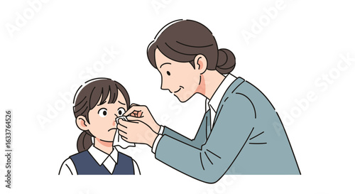 Illustration depicts a concerned mother gently wiping the eye of her young daughter with a tissue, showcasing maternal care in a clean, white setting.