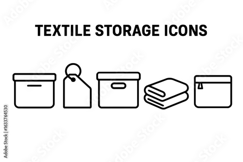 Textile Storage Bin Icons Set. Outline Vector Symbols of Fabric Box, Storage Container with Lid, Folded Blanket, Tag Label, Zipper Pouch. Home Organization, Clutter Control, Closet Storage Solution.