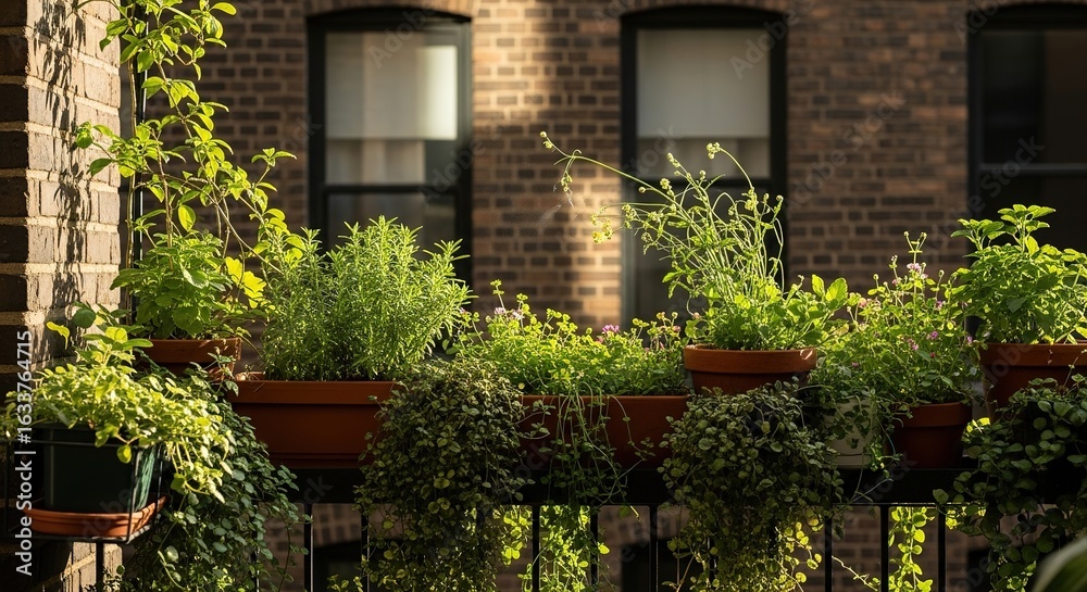 Fototapeta premium Urban balcony with potted plants and greenery against a brick building facade.