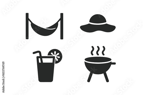 Summer Relaxation Solid Icon Set. Hammock, Sun Hat, Lemonade Glass, Outdoor Grill. Vacation, Cozy Backyard, Summer Activities, Leisure Time, Picnic, Outdoor Party, BBQ, Vector Illustration