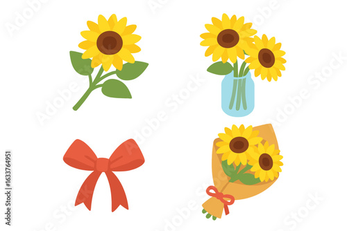 Sunflower bouquet icon set. Isometric flat vector illustration of sunflowers in mason jar vase, wrapped flower bunch, ribbon bow, single stem. Bright floral clip art for bouquets, gifts, decor.