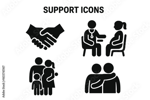 Support Icons Set. Solid vector illustration of partnership handshake, doctor consultation, family group, friends comforting, counseling, teamwork, empathy, mental health, care, communication