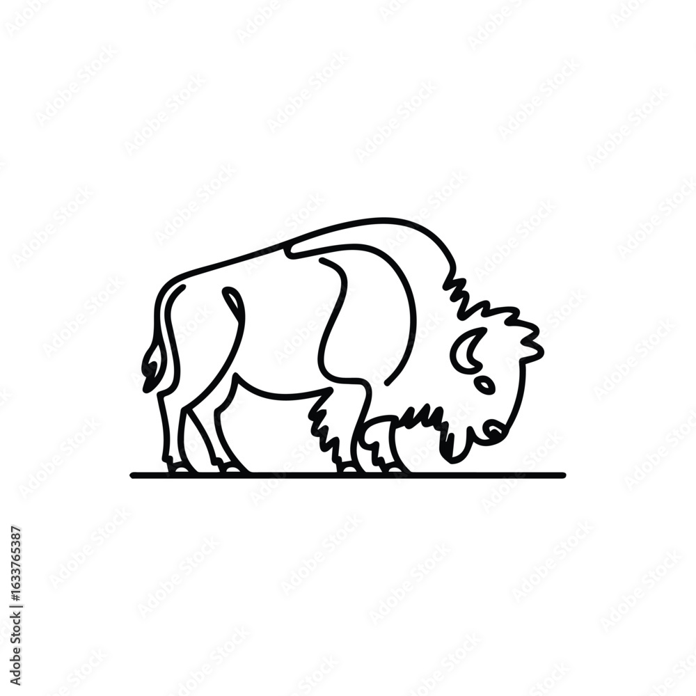 Obraz premium Bison grazing in a simple line art illustration buffalo animal