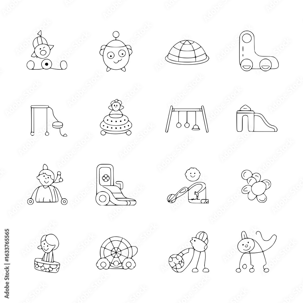 Naklejka premium Playful childhood monochrome icon set: toys, playground equipment, activities. Kids playing, swings, slides, rocking horse, ball games, simple line art vector illustrations for children's projects, we