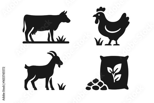 Sustainable livestock farming icons set. Solid filled vector illustration. Pasture cow, free-range chicken, goat, animal feed, agriculture, rural farming, organic and eco-friendly farming concept