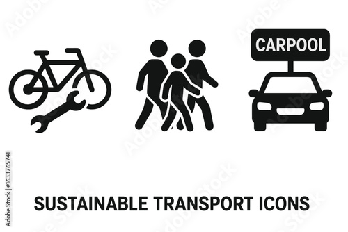 Sustainable transport vector icon set. Solid filled illustrations of bike repair, group walking, carpool vehicle sign. Eco-friendly commuting symbols. Urban mobility, green travel, active lifestyle