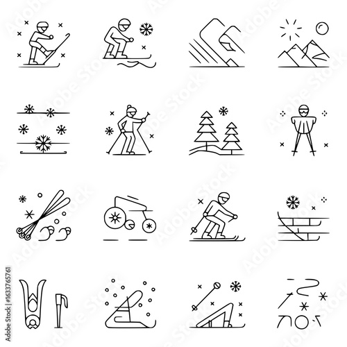 Winter sports icon set: Skiing, snowboarding, sledding, snowshoeing. Monochrome line art illustrations of skiers, snowboarders, snowy landscapes, equipment, and activities. Vector graphic collection f