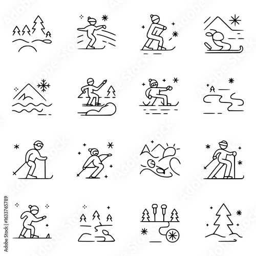 Monochrome vector icon set of winter sports: skiing, snowboarding, cross-country skiing figures, snowy landscapes, trees, mountains, snowflakes, and winter recreational elements. Line art illustration