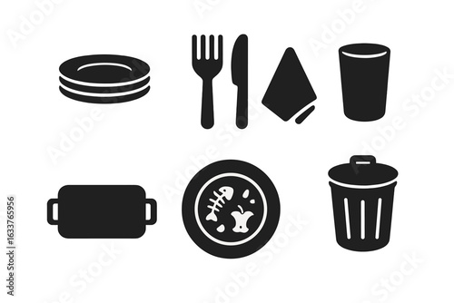 Table Clearing Solid Icons Set. Vector Dining Cleanup Symbols of Plate Stack, Fork, Knife, Napkin, Glass, Serving Tray, Food Waste, Trash Bin. Restaurant Tableware Cleaning Concept Design