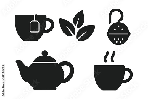 Black Solid Tea Brewing Icons Set. Teacup with Teabag, Loose Leaf Tea, Tea Leaves, Tea Infuser, Teapot with Lid, Hot Steaming Cup. Beverage Preparation, Cafe, Kitchen, Minimalist Vector Illustration
