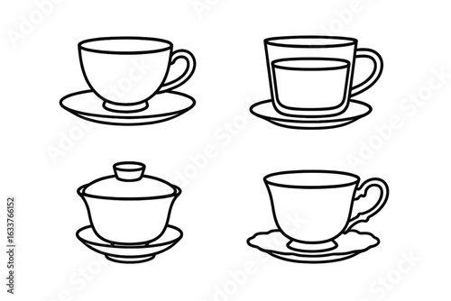 Outline Tea Cup Icons Set. Porcelain teacup and saucer, glass teacup, Chinese gaiwan, bone china, hand-drawn style. Elegant vector illustration collection for drinks, cafe, tea ceremony design.