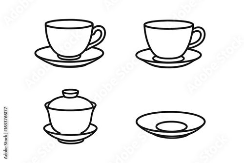 Tea cup icons outline set. Porcelain teacup, glass teacup, Chinese gaiwan with lid, bone china saucer. Vector illustration. Vintage mug, teaware, teacup and saucer collection, transparent background