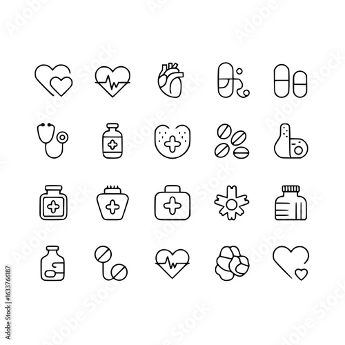 Minimalist vector line icon set of 20 medical symbols: hearts, pills, stethoscope, medicine bottles, first aid kit, plaster, healthcare. Simple black and white design elements for websites and apps.