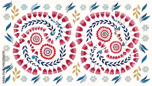 Floral arrangement featuring red bell shaped flowers and blue leaves in a symmetrical design pattern