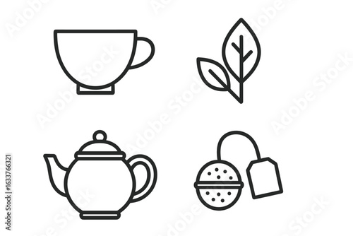 Outline Tea Packaging Icon Set with Teacup, Tea Leaf, Teapot Silhouette, Herbal Beverage Infuser Vector Illustration for Tea Product Branding and Design