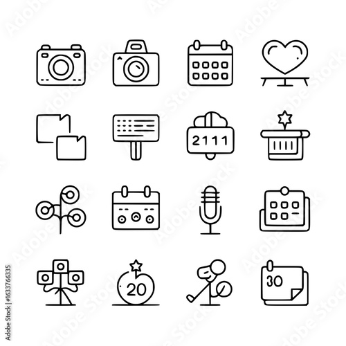 Event planning icon set - cameras, calendar, heart, microphone, photo booth, lighting, decorations, invitations, tickets, countdown, date. Clean minimalist line art vector illustration collection. Bla