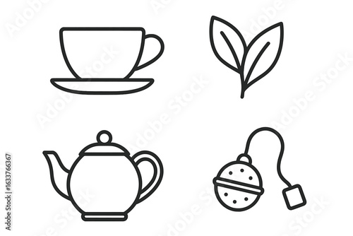 Outline Tea Icons Set. Tea Cup, Saucer, Tea Leaf, Teapot, Infuser. Herbal Beverage Outline Symbols. Minimalist Black Line Illustrations for Tea Packaging, Cafe Menu, Kitchen Decor, Transparent Vector