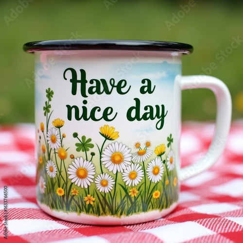 White enamel mug with floral design and Have a nice day text on red checkered surface. Cheerful summer vibe, lifestyle, picnic, or greeting visuals.