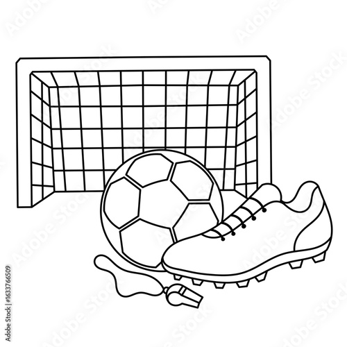 illustration of soccer equipment including goalpost, ball, shoes, and whistle.