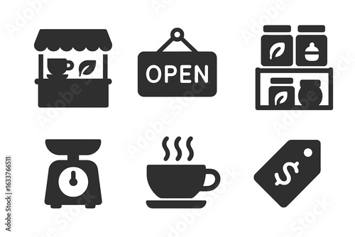 Tea Shop Icons Vector Set. Solid Filled Tea Shop Essentials Collection – Counter Display, Open Sign, Tea Shelves, Scales, Tasting Cup, Price Tag. Modern Retail Symbol Elements Pack