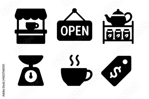 Tea Shop Icon Set. Solid Black Vector Icons of Tea Store Counter, Open Sign, Tea Shelf with Teapot and Jars, Weighing Scale, Steaming Cup, Price Tag. Beverage Retail Essentials, Café Elements