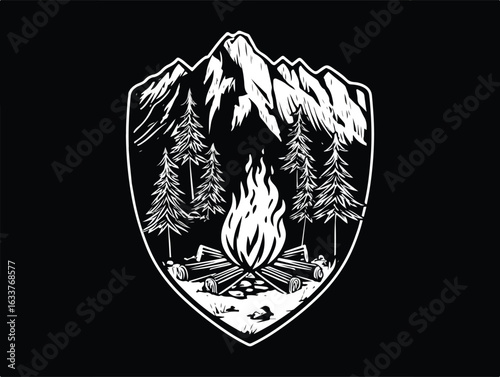 Adventure badge logo featuring a white camp fire over rocky terrain with pine forest and mountains behind. Rugged flat-style vector in red, black, and white. Includes bonfire and flame vibes.