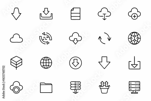 A clean and cohesive download-themed set in elegant single-stroke form. Great for mobile apps, cloud services, and technology startups.