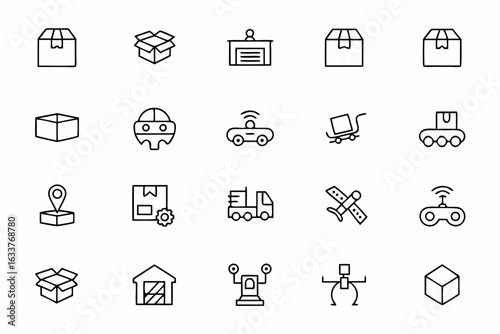 A dynamic and minimal line art set capturing storage, logistics, and fulfillment centers in motion. Great for branding, packaging designs, and digital dashboards.