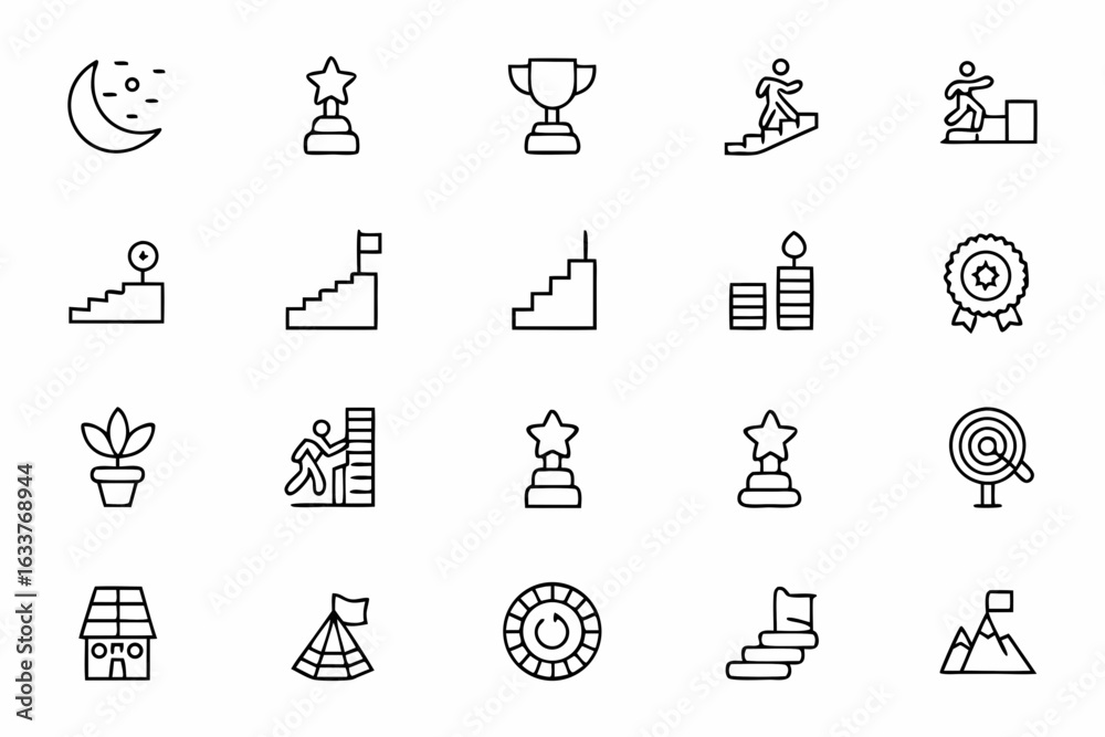 Fototapeta premium A modern line vector bundle expressing stages of achievement and clarity through symbolic steps and stairs. Designed for posters, planners, and digital apps.