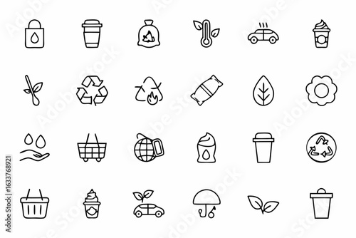A minimalist line art set that captures daily zero waste habits and tools in elegant contours. Ideal for eco-sticker sets, organic product labels, or sustainability infographics.