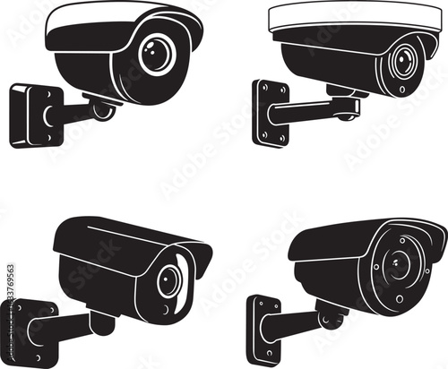 Four security camera icons surveillance technology silhouette
